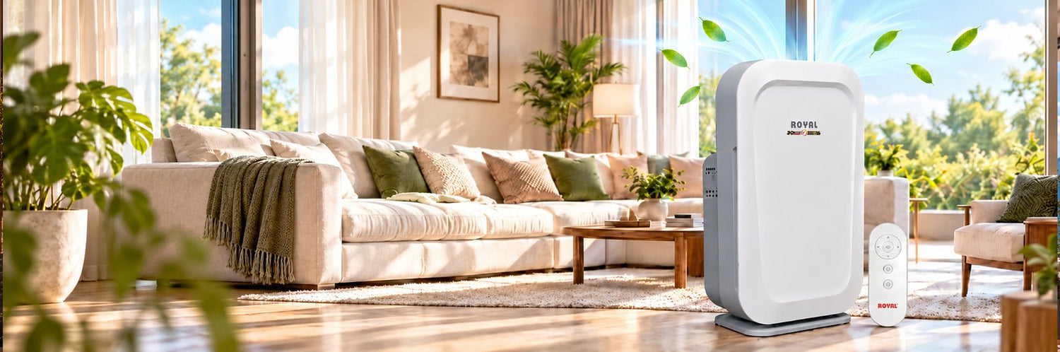 Sunlit living room with a Royal air purifier and remote