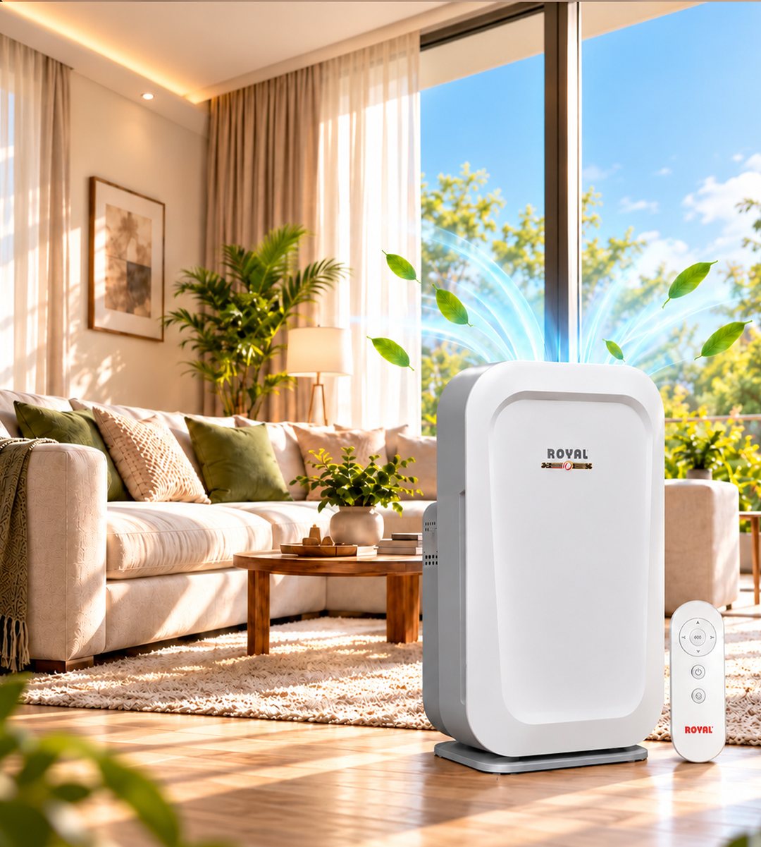 Sunlit living room with a Royal air purifier and remote