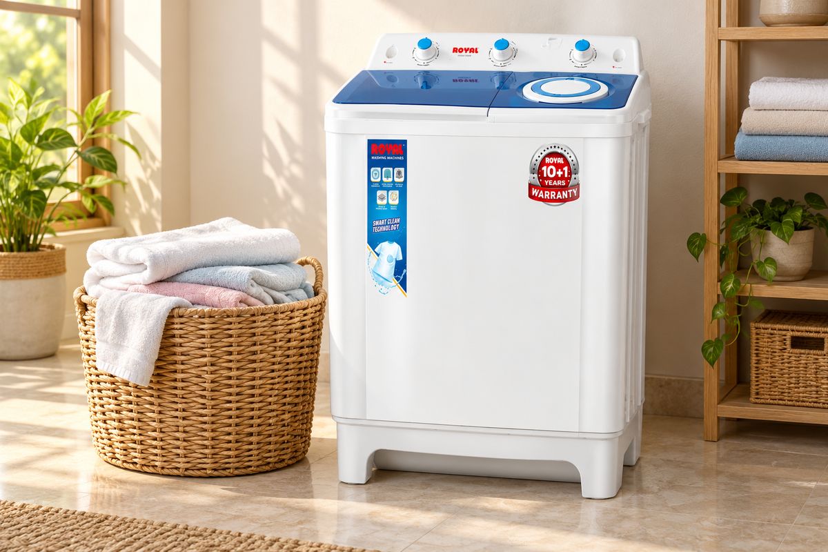 Royal twin tub washing machine beside a basket of fresh laundry