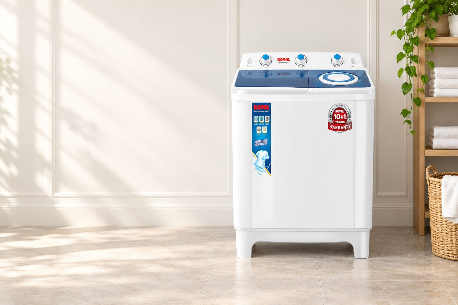 Royal RWM-8012T twin tub washing machine in a bright home laundry corner