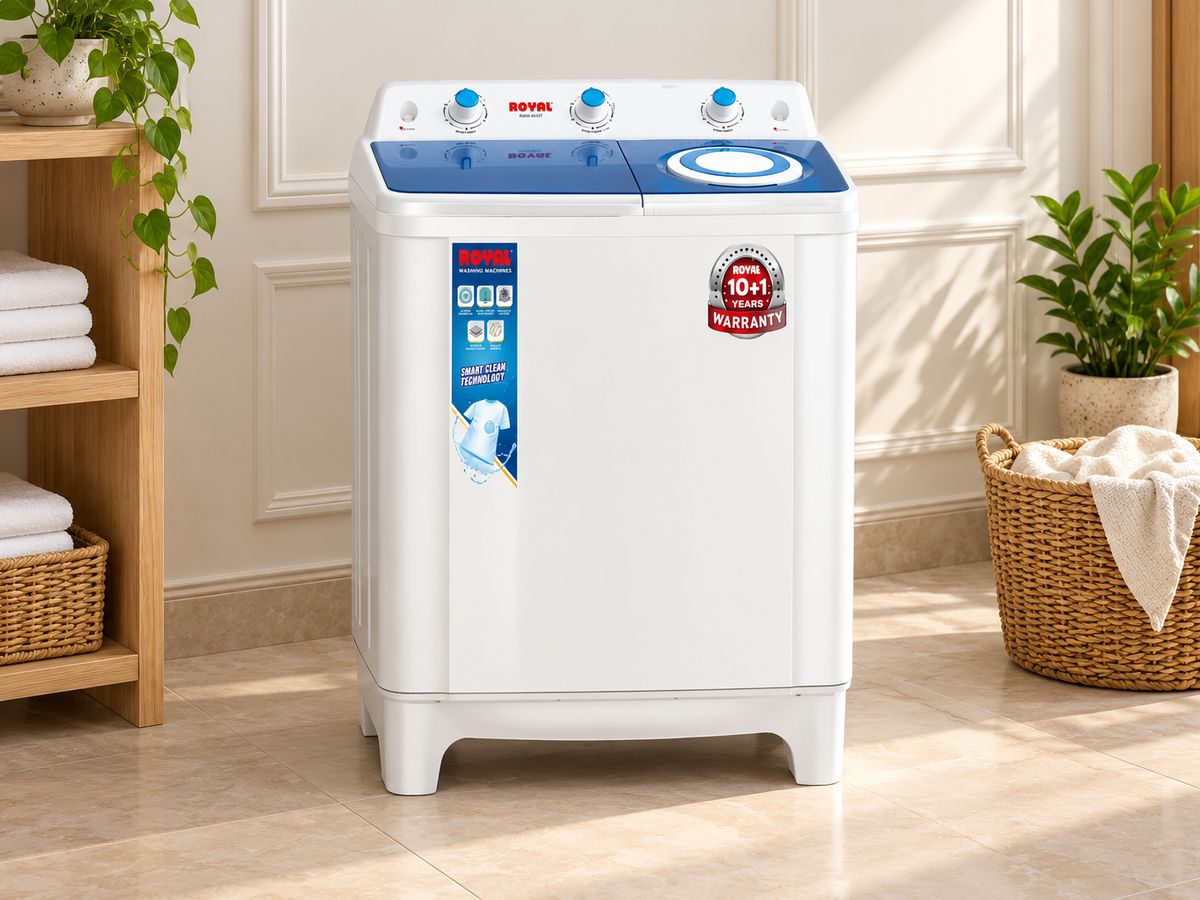 Royal RWM-8012T twin tub washing machine in a bright home laundry corner