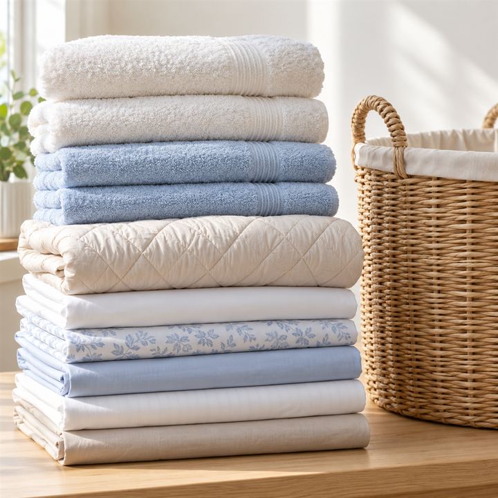 Stack of washed bed sheets, quilt and towels