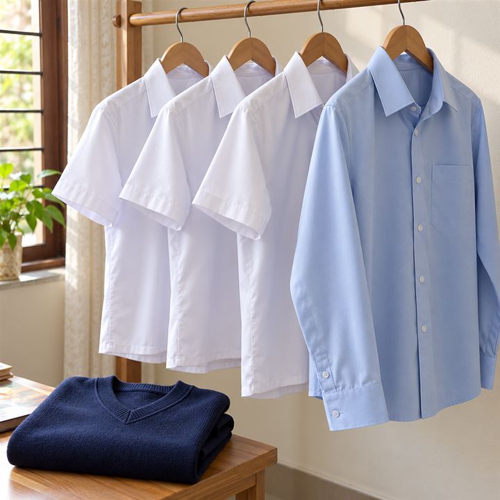 Freshly washed school and office shirts on hangers